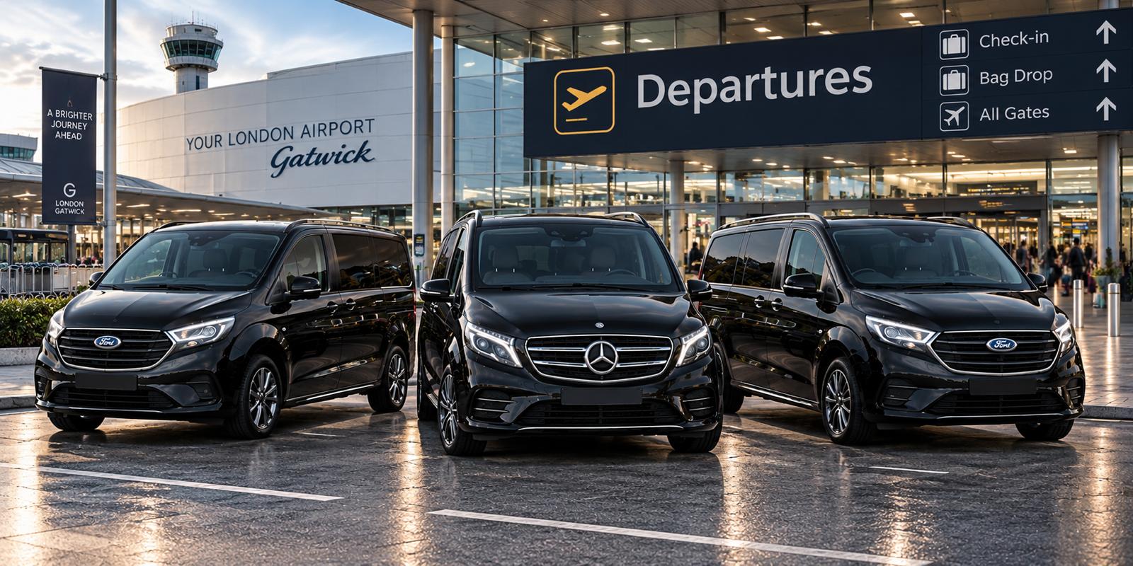 BuxTravel Mercedes-Benz V-Class at the departures entrance of London Gatwick Airport