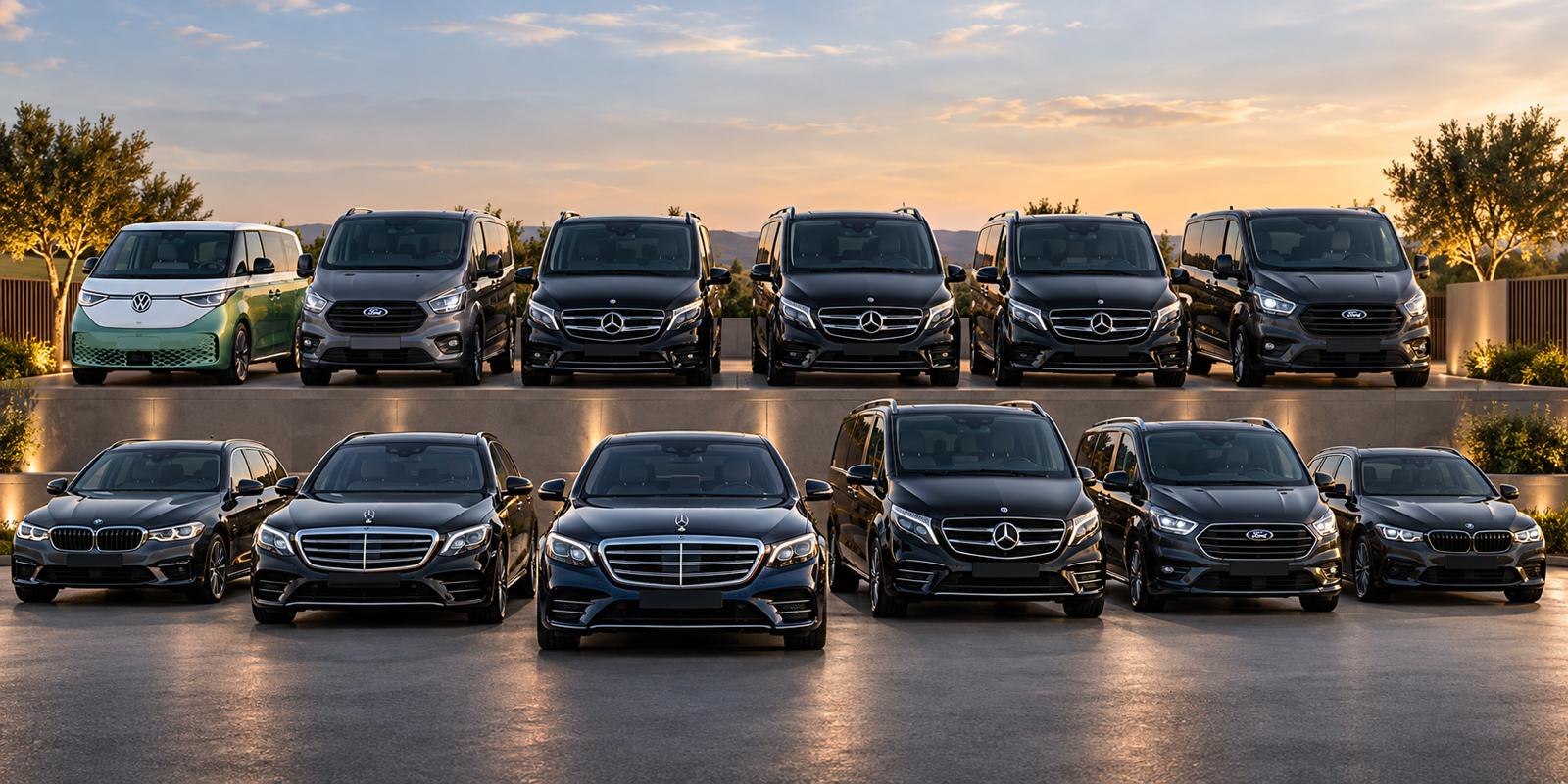 A lineup of executive Mercedes-Benz vehicles from BuxTravel's trusted network