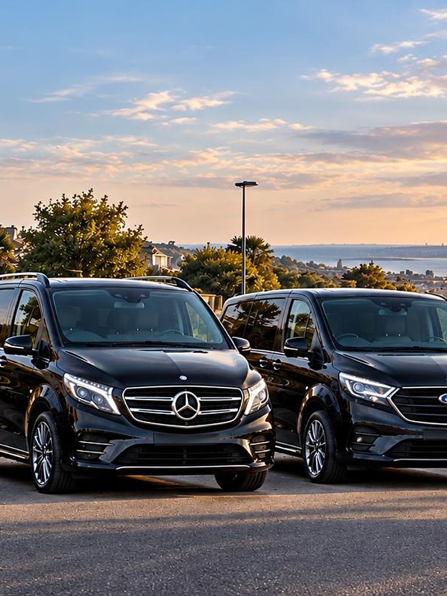 Two black BuxTravel executive vehicles on a hilltop overlooking the coast at dusk