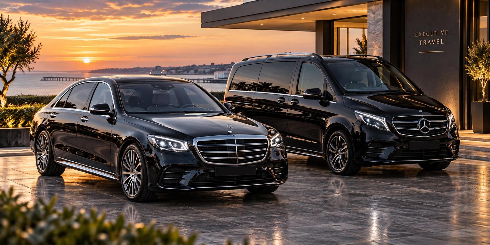 Black Mercedes-Benz V-Class and executive saloon outside a modern building