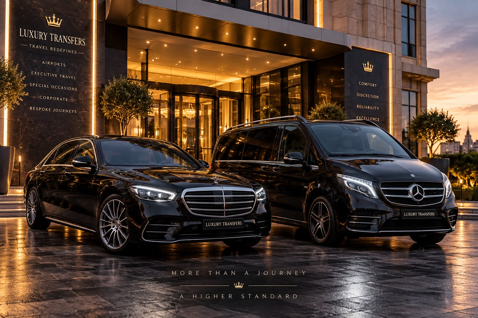 A Mercedes-Benz executive saloon and V-Class parked outside a luxury hotel at dusk