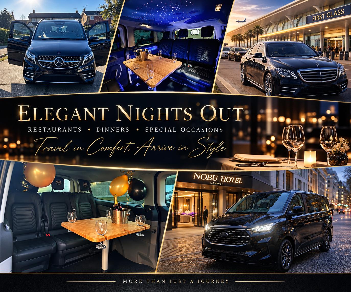 Elegant Nights Out — a collage of BuxTravel executive vehicles, champagne on board and arrivals at a London hotel